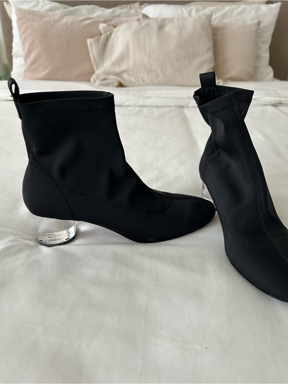 Zara Black Stretch Sock Ankle Boots with Clear Block Heel
